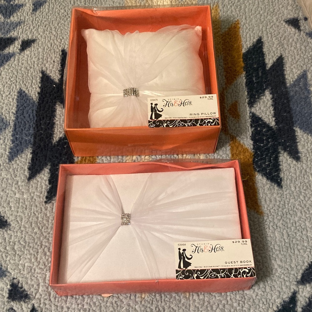 Studio White Satin Ring Pillow and Guest Book Set